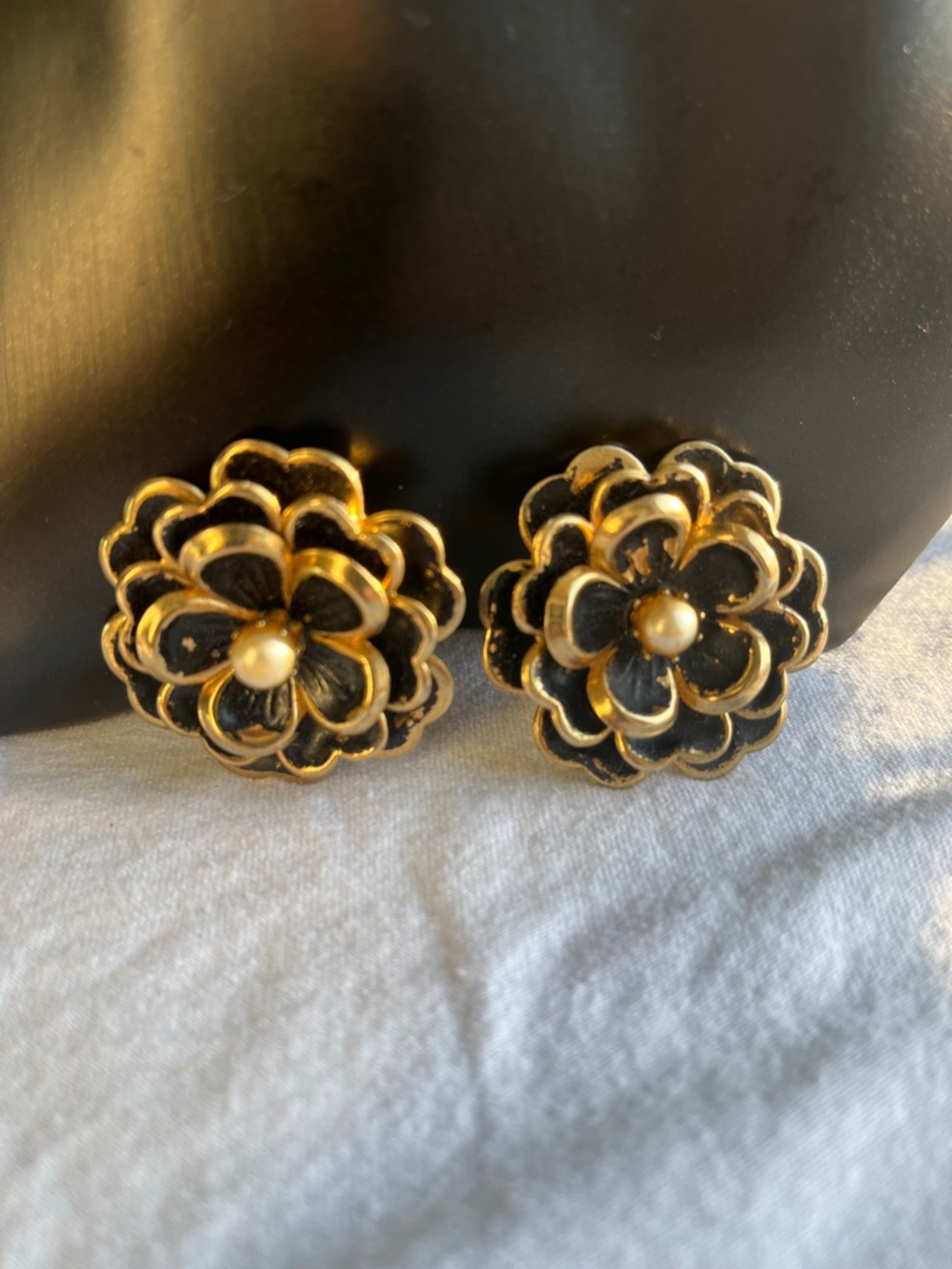 Gold and Black Floral Clip-On Earrings with Pearl Center